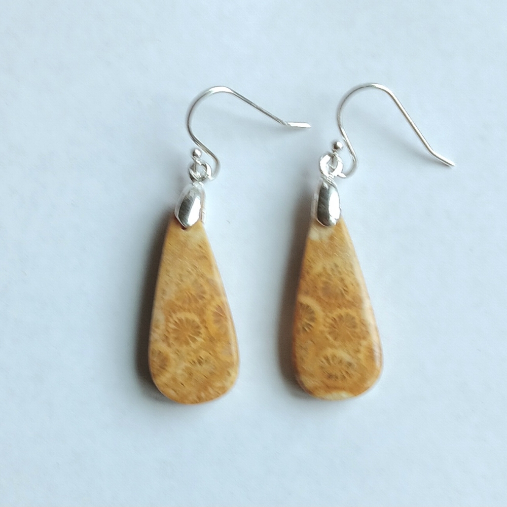 Fossil Coral Gemstone Earrings with 925 Sterling Silver Findings
